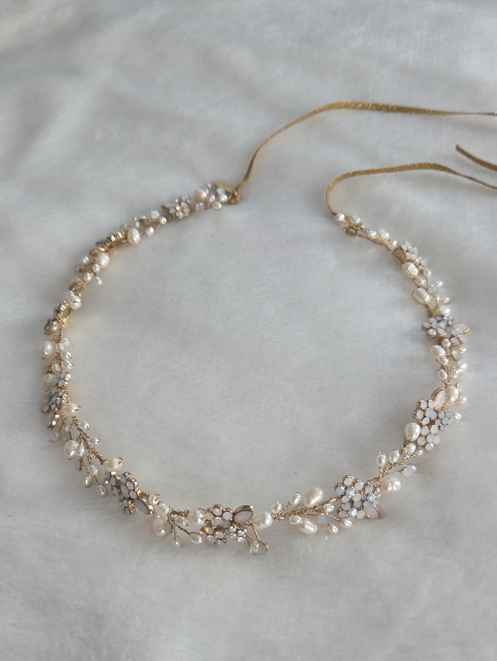 Twigs & Honey Baby's Breath Pearl and Opal Bridal Crown Gold #2348